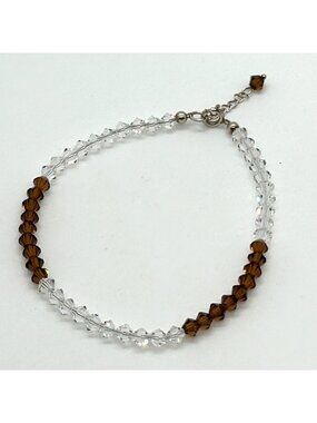 Bicone Crystal Bracelet Clear & Brown Beads Faceted Adjustable Dainty Minimalist